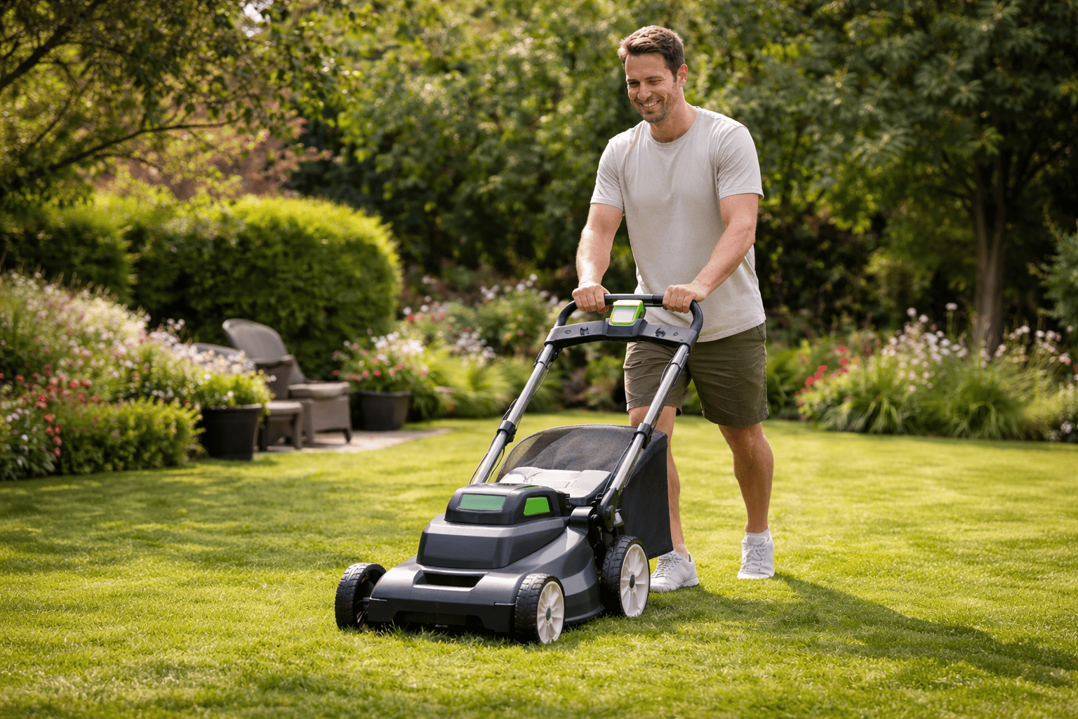 une personne utilisant sa tondeuse à gazon batterie