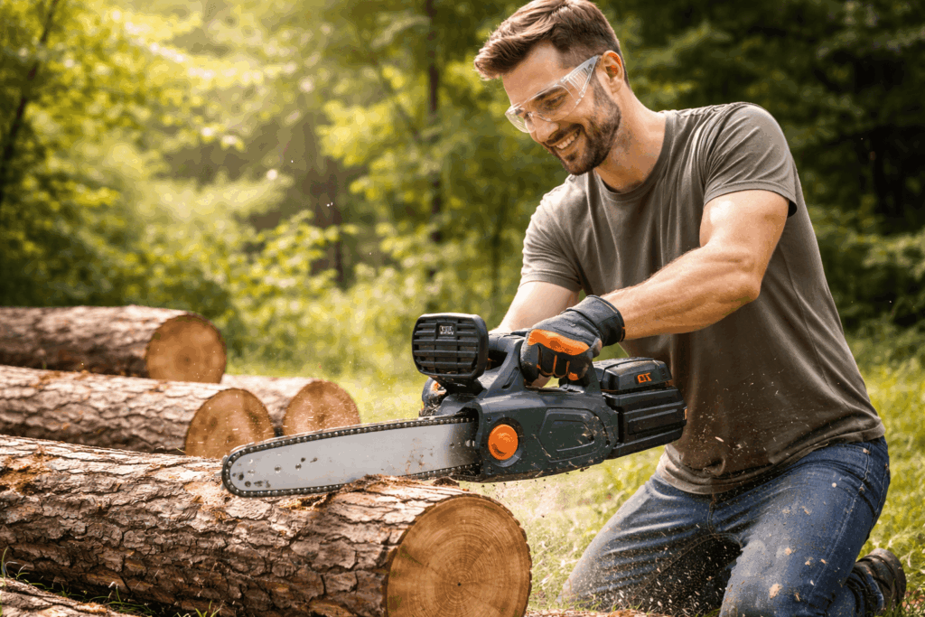 un homme utilisant sa tronçonneuse à batterie pour couper du bois