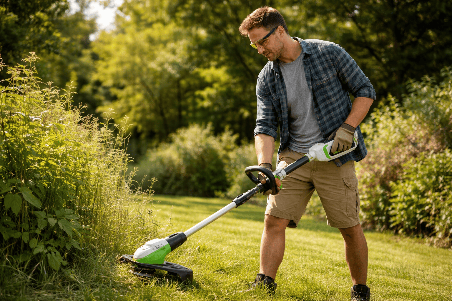 une personne utilisant sa débroussailleuse électrique
