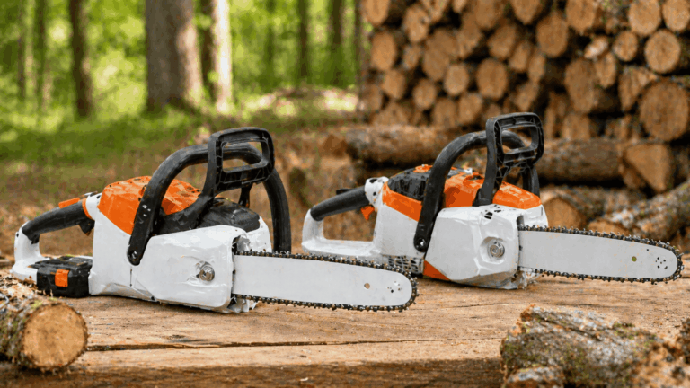 Scène de travail forestier avec sa tronçonneuse batterie Stihl