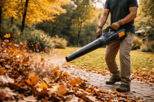 une personne utulisant son souffleur à batterie