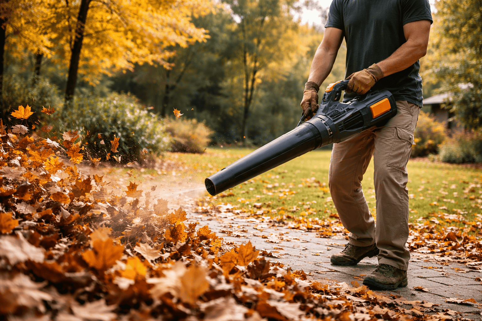 une personne utulisant son souffleur à batterie