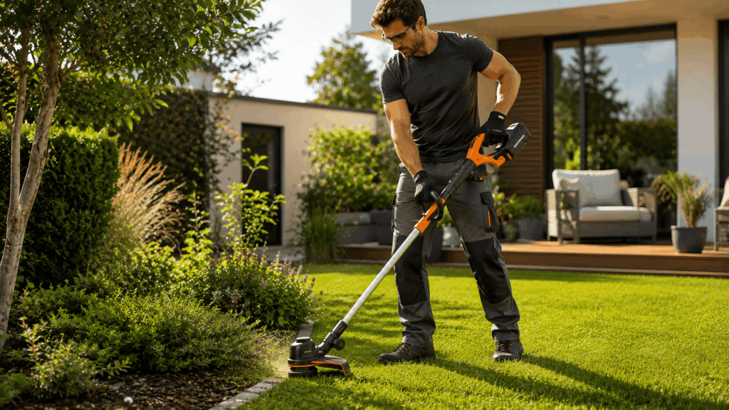 Homme entretenant le jardin moderne