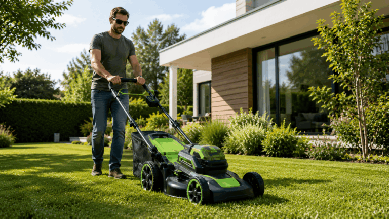 Homme tondant la pelouse moderne avec sa tondeuse de marque greenworks