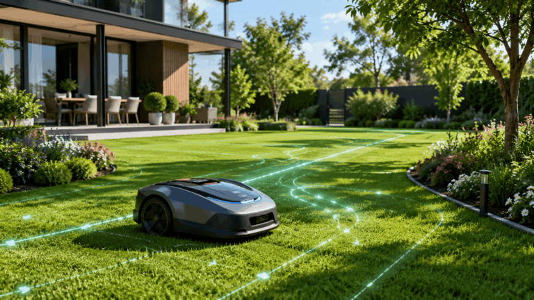 Jardin moderne avec tondeuse robotisée