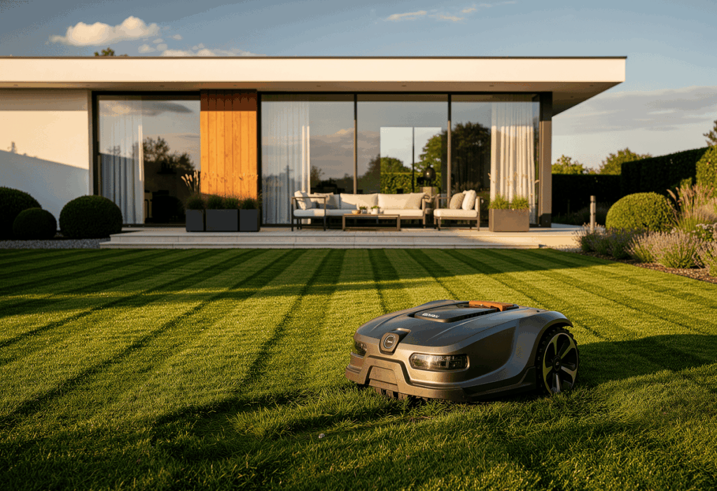Robot tondeuse Segway Navimow H500e dans un jardin moderne