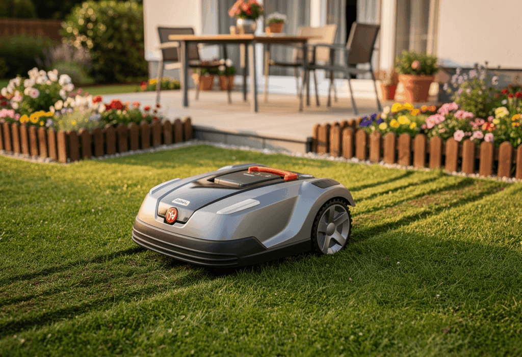 Robot tondeuse dans un petit jardin résidentiel
