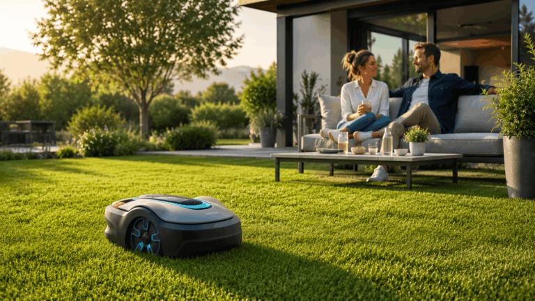 Robot tondeuse et détente en soirée