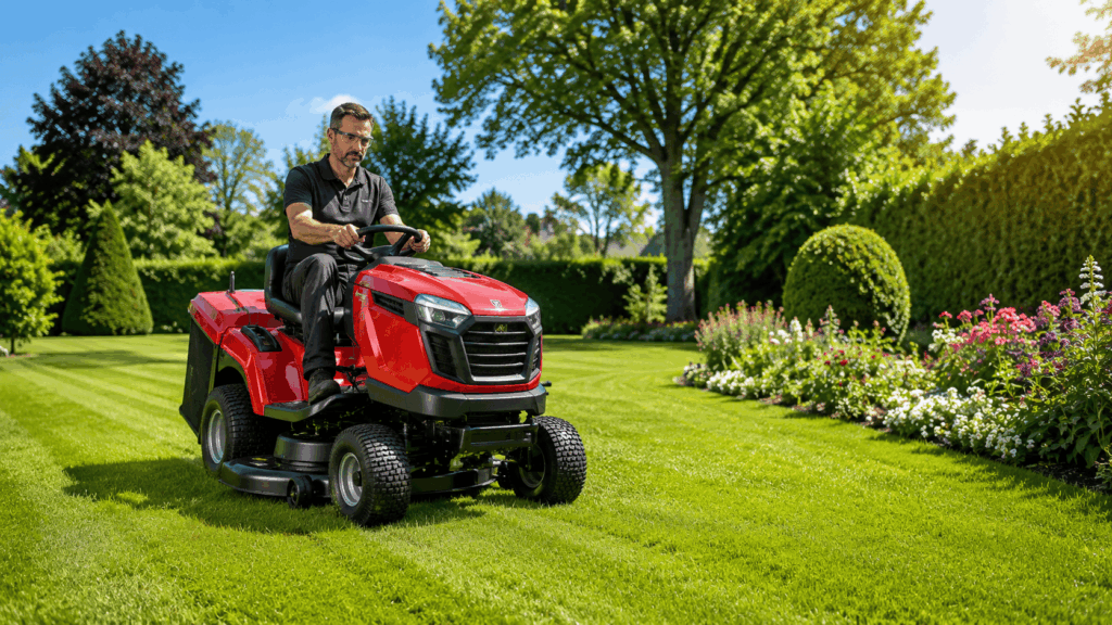 Tondeuse autoportée dans un grand jardin