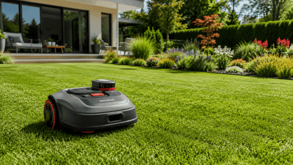 Tondeuse robot navimow dans un jardin moderne