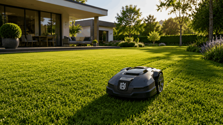 Tondeuse robotique dans le jardin moderne