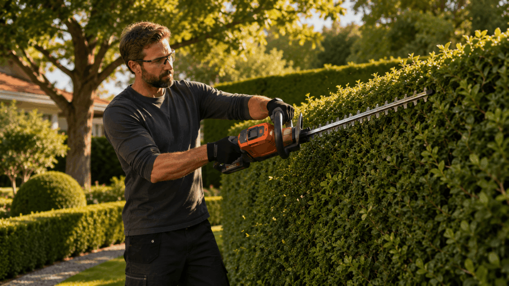 un homme utulisant sa Taille-Haie Batterie Husqvarna