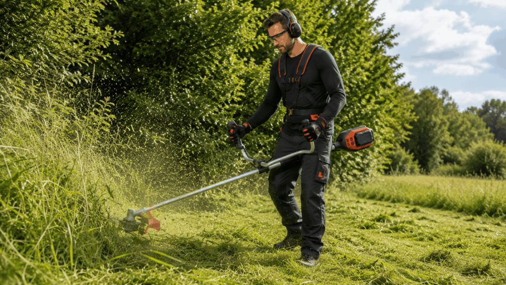 un homme utulisant sa débroussailleuse batterie Husqvarna