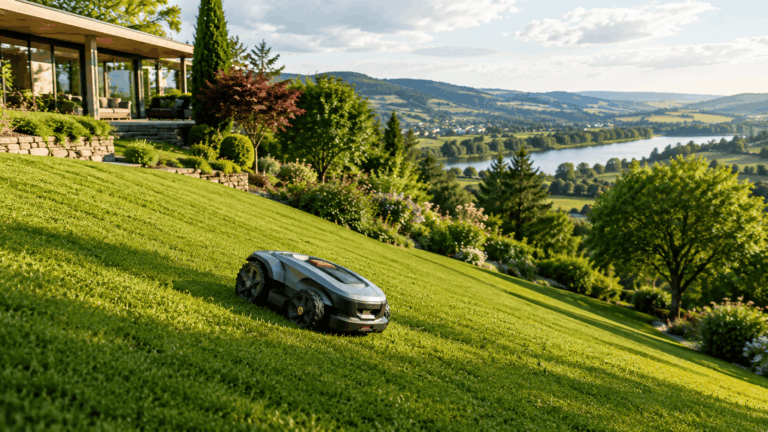 un robot tondeuse sur un terrain en pente