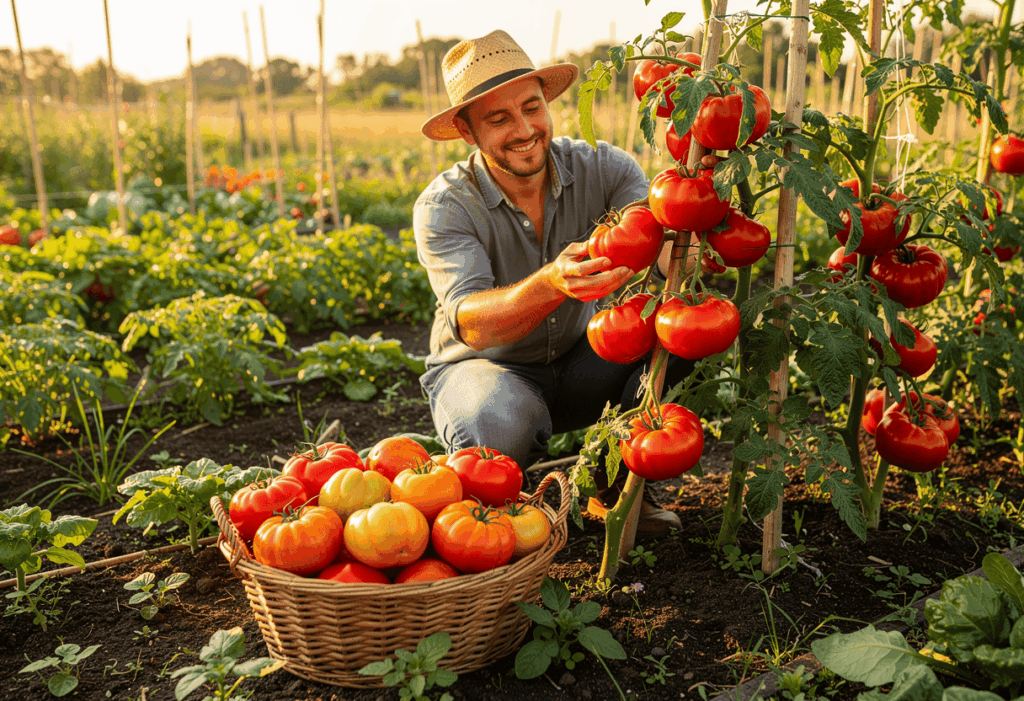 Jardinier récoltant ses tomates