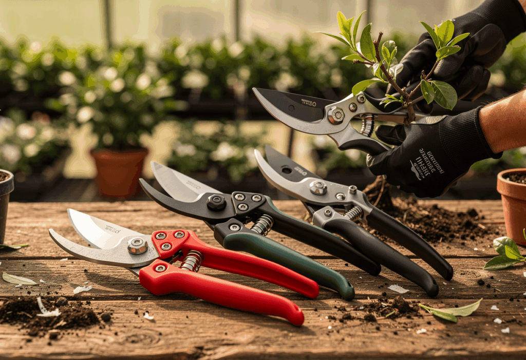 plusieurs sécateurs professionnels haut de gamme disposés sur un établi en bois dans un atelier ou un jardin