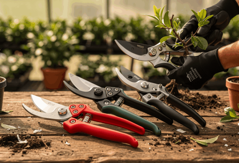 plusieurs sécateurs professionnels haut de gamme disposés sur un établi en bois dans un atelier ou un jardin
