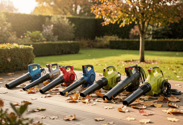plusieurs souffleurs électriques sans fil et filaires (sans marque visible) alignés sur une terrasse en bois