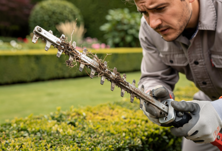 un jardinier inspectant un taille-haie dont les lames ne coupent plus correctement