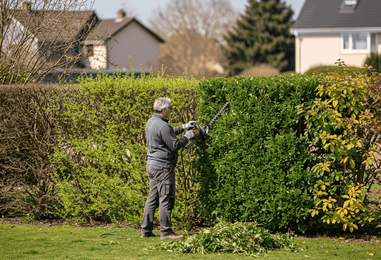 un jardinier taillant une haie parfaitement entretenue avec un taille-haie moderne