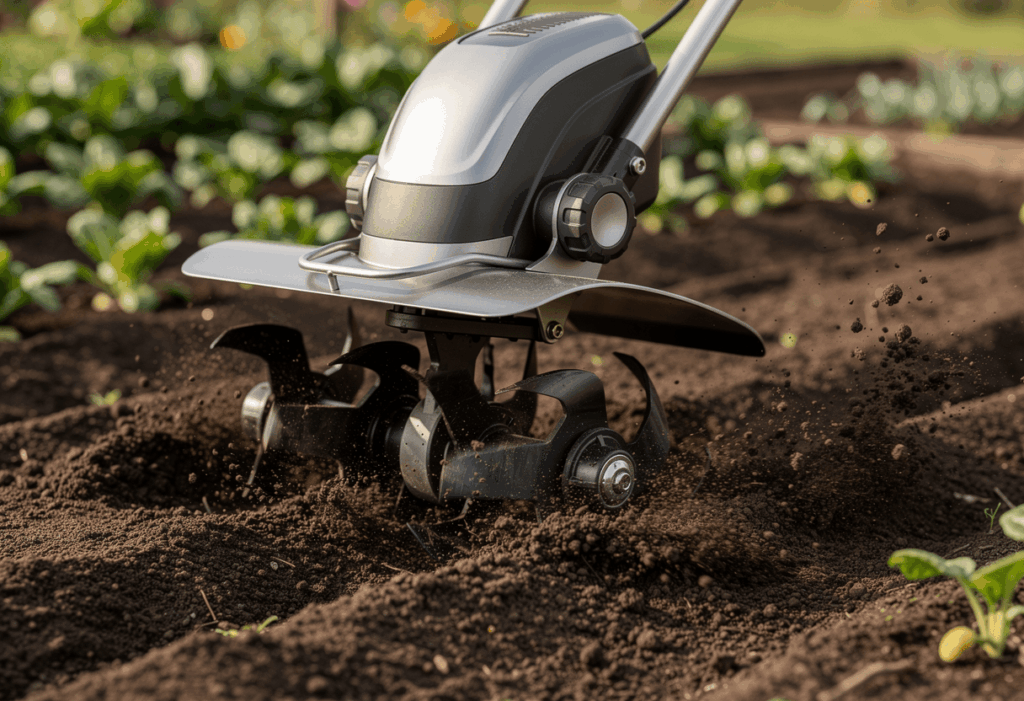 une motobineuse électrique moderne en action dans un potager