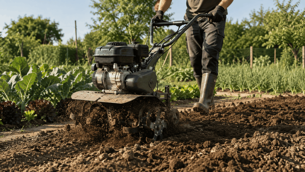 Motoculteur en action dans un potager