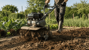 Motoculteur en action dans un potager