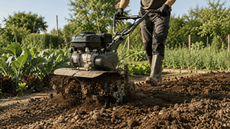 Motoculteur en action dans un potager