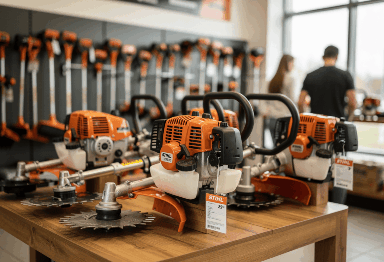Plusieurs débroussailleuses de type Stihl présentées côte à côte