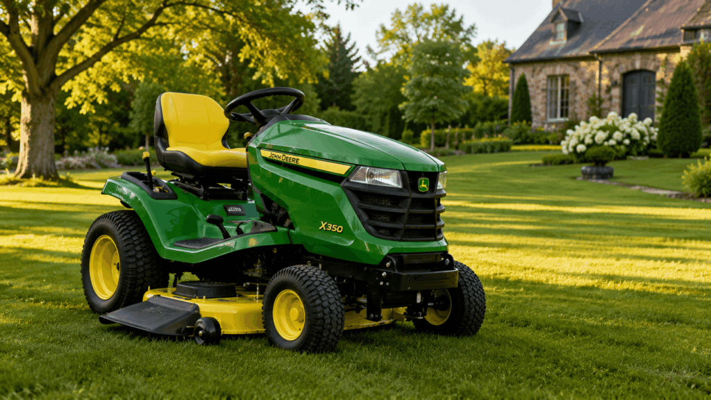 Tracteur tondeuse John Deere dans un grand jardin