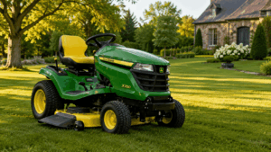 Tracteur tondeuse John Deere dans un grand jardin